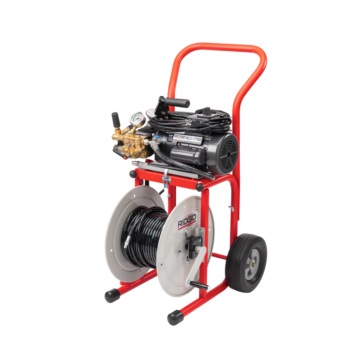 RIDGID 62697 KJ-1750 Water Jetter with Dual Pulse, H-41, H-42, and H-44 1/8" NPT Nozzles, H-51 and H-52 1/4" NPT Nozzles, 50' x 1/8" Sink Trap Hose, Nylon Storage Bag, and Nozzle Cleaning Tool, H-30 Cart, and 110' x 1/2" Jet Hose RIDGID