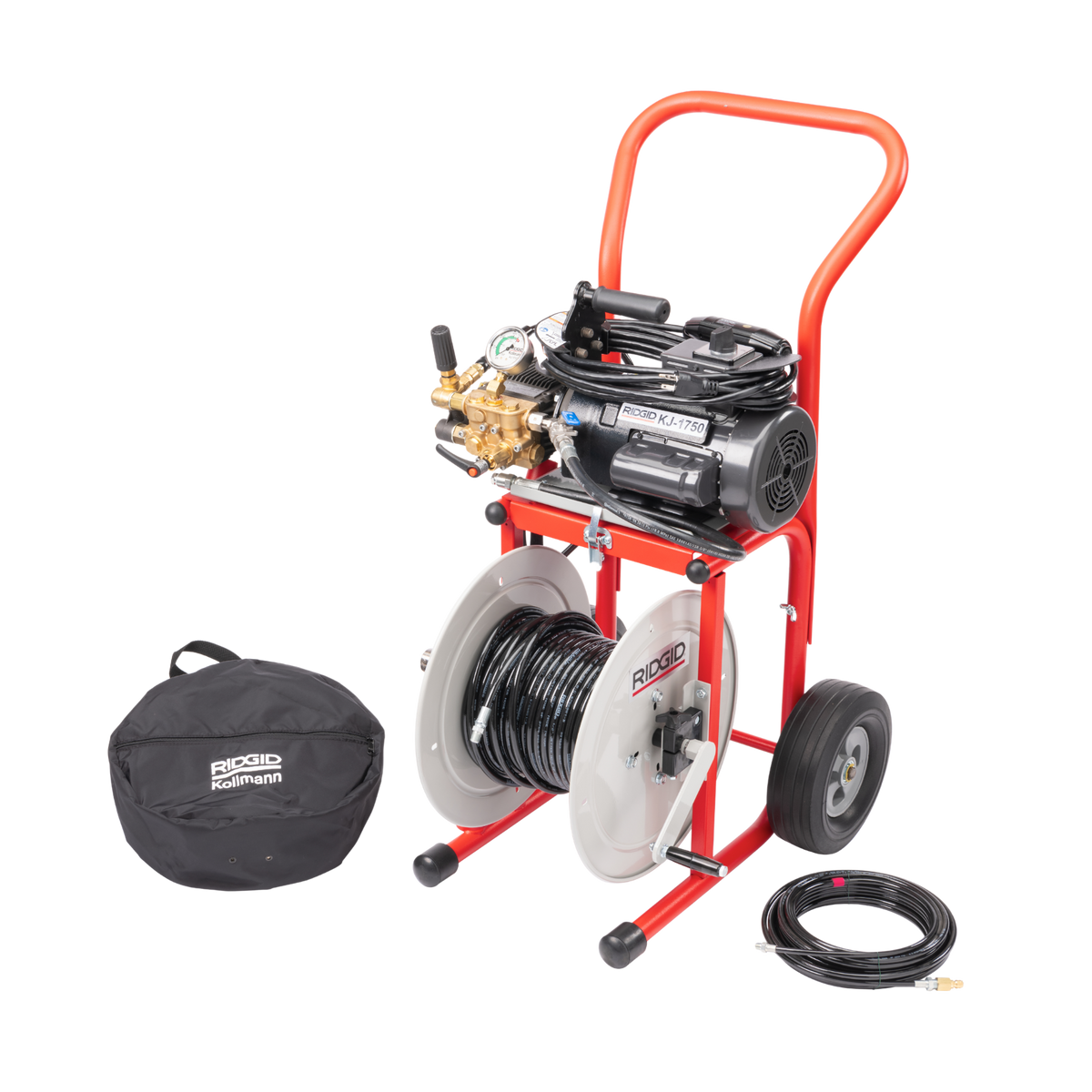 RIDGID 62697 KJ-1750 Water Jetter with Dual Pulse, H-41, H-42, and H-44 1/8" NPT Nozzles, H-51 and H-52 1/4" NPT Nozzles, 50' x 1/8" Sink Trap Hose, Nylon Storage Bag, and Nozzle Cleaning Tool, H-30 Cart, and 110' x 1/2" Jet Hose RIDGID