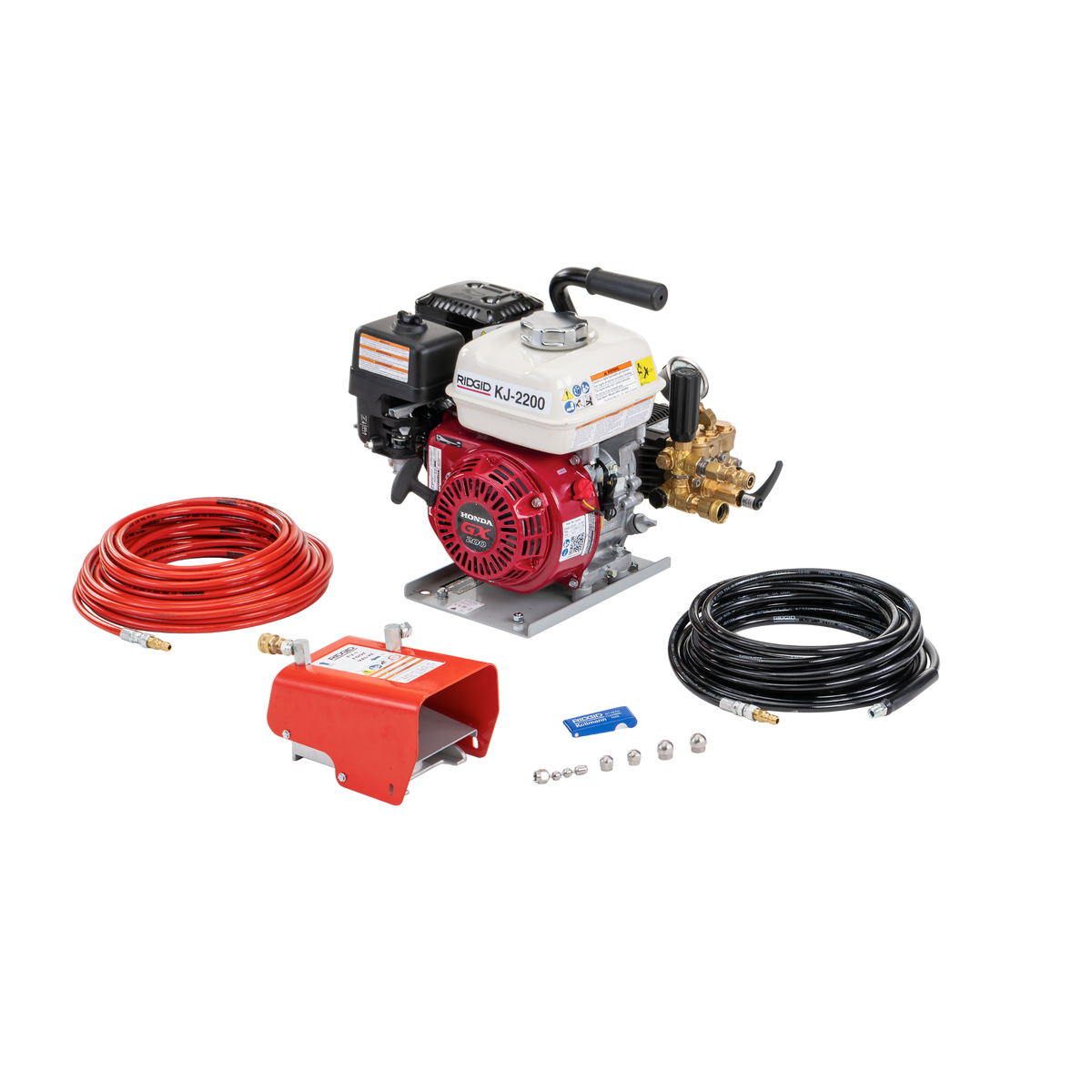 RIDGID 63877 KJ-2200 Water Jetter with Pulse, H-61, H-62, and H-64 1/8" NPT Nozzles, H-71 and H-72 1/4" NPT Nozzles, 75' x 3/16" (22.8 m x 4.8 mm) Trap Hose, FV-1 Foot Valve, Nozzle Cleaning Tool, and H-1235 Wash Wand Hose 1/2" x 35' (10.7 m x 12.7 mm) RIDGID
