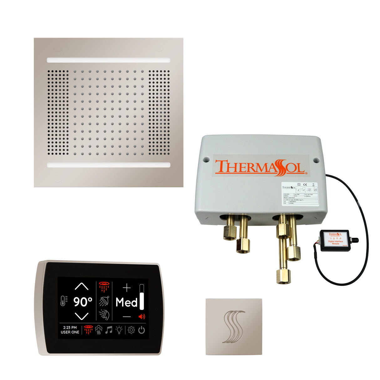 ThermaSol TWPH14SR Total Wellness Package - HydroVive 14 Rainhead + SignaTouch Wall Mount Control + Digital Shower Valve + SteamVection Square Steam Head ThermaSol