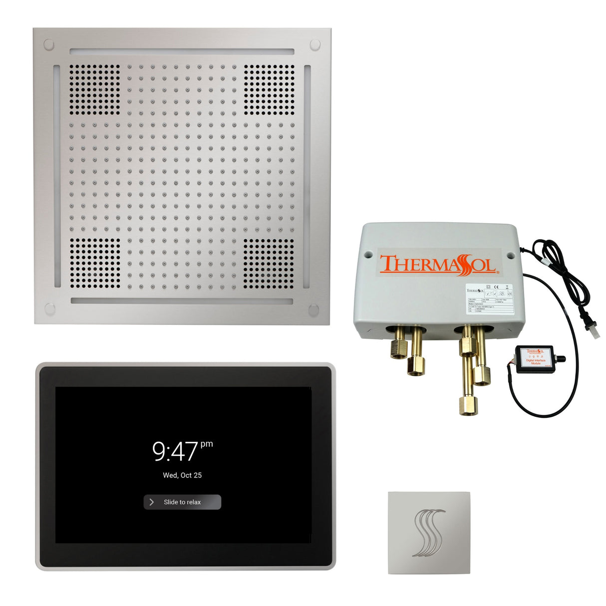 ThermaSol TWPH15US Total Wellness Package - HydroVive 18 Rainhead + ThermaTouch2 15" Control + Digital Shower Valve + SteamVection Square Steam Head ThermaSol