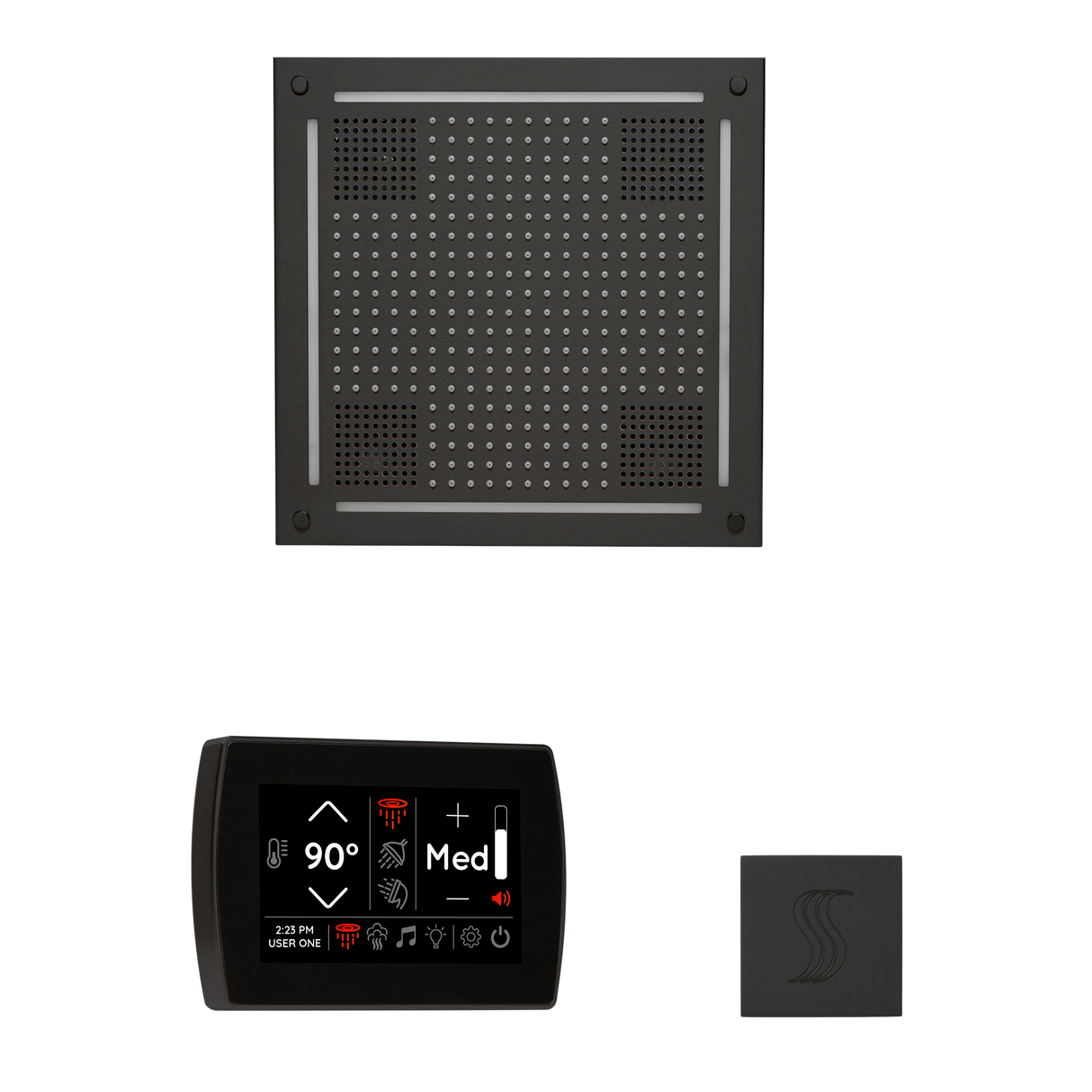 ThermaSol WHSTPSS Wellness Steam Package - HydroVive 18 Rainhead + SignaTouch Recessed Black Trim Control + SteamVection Square Steam Head ThermaSol