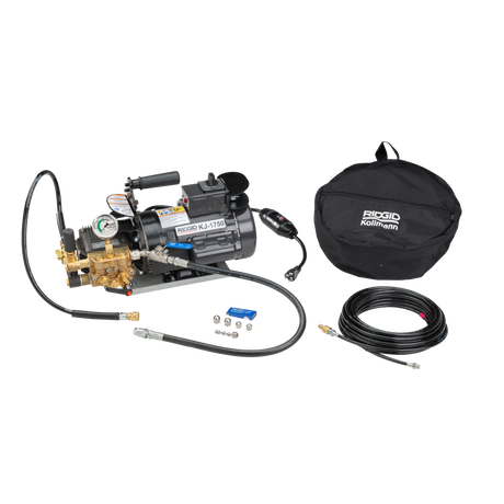 RIDGID 62687 KJ-1750 Water Jetter with Dual Pulse, H-41, H-42, and H-44 1/8" NPT Nozzles, H-51 and H-52 1/4" NPT Nozzles, 50' x 1/8" (15.2 m x 3.2 mm) Sink Trap Hose, Nylon Storage Bag, and Nozzle Cleaning Tool RIDGID