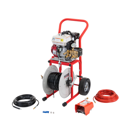 RIDGID 63882 KJ-2200 Jetter with Pulse, H-61, H-62, and H-64 1/8" NPT Nozzles, H-71 and H-72 1/4" NPT Nozzles, 75' x 3/16" Trap Hose, FV-1 Foot Valve, Nozzle Cleaning Tool, and H-1235 Wash Wand Hose 1/2" x 35', H-30 Cart, and 110' x 1/4" Jet Hose RIDGID