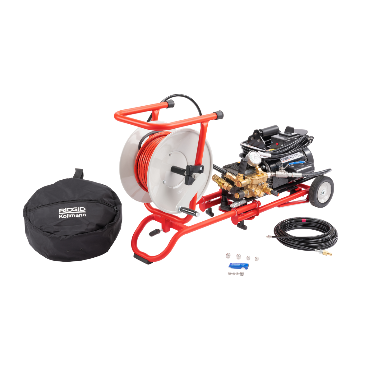 RIDGID 67332 KJ-1750-SC Water Jetter with Dual Pulse, H-41, H-42, and H-44 1/8" NPT Nozzles, H-51 and H-52 1/4" NPT Nozzles, 50' x 1/8" Sink Trap Hose, Nylon Storage Bag, Nozzle Cleaning Tool, H-10 Cart, 100' x 1/4" Trap Hose, and H-10A Adapter Kit RIDGID