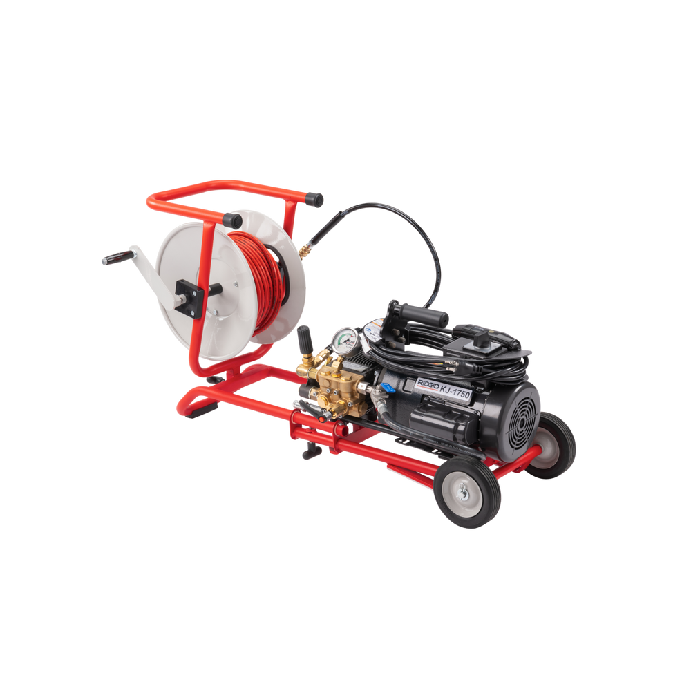 RIDGID 67332 KJ-1750-SC Water Jetter with Dual Pulse, H-41, H-42, and H-44 1/8" NPT Nozzles, H-51 and H-52 1/4" NPT Nozzles, 50' x 1/8" Sink Trap Hose, Nylon Storage Bag, Nozzle Cleaning Tool, H-10 Cart, 100' x 1/4" Trap Hose, and H-10A Adapter Kit RIDGID