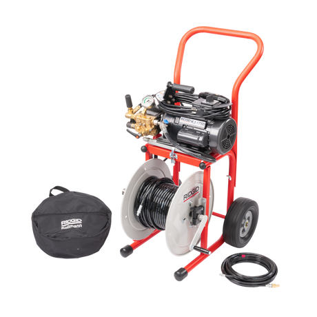 RIDGID 62697 KJ-1750 Water Jetter with Dual Pulse, H-41, H-42, and H-44 1/8" NPT Nozzles, H-51 and H-52 1/4" NPT Nozzles, 50' x 1/8" Sink Trap Hose, Nylon Storage Bag, and Nozzle Cleaning Tool, H-30 Cart, and 110' x 1/2" Jet Hose RIDGID
