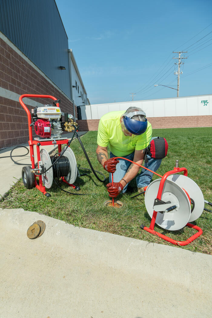 RIDGID 63882 KJ-2200-C Water Jetter with Pulse, H-61, H-62, and H-64 1/8" NPT Nozzles, H-71 and H-72 1/4" NPT Nozzles, 75' x 3/16" Trap Hose, FV-1 Foot Valve, Nozzle Cleaning Tool, and H-1235 Wash Wand Hose 1/2" x 35', H-30 Cart, and 110' x 1/4" Jet Hose RIDGID