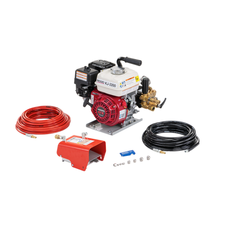 RIDGID 63877 KJ-2200 Water Jetter with Pulse, H-61, H-62, and H-64 1/8" NPT Nozzles, H-71 and H-72 1/4" NPT Nozzles, 75' x 3/16" (22.8 m x 4.8 mm) Trap Hose, FV-1 Foot Valve, Nozzle Cleaning Tool, and H-1235 Wash Wand Hose 1/2" x 35' (10.7 m x 12.7 mm) RIDGID