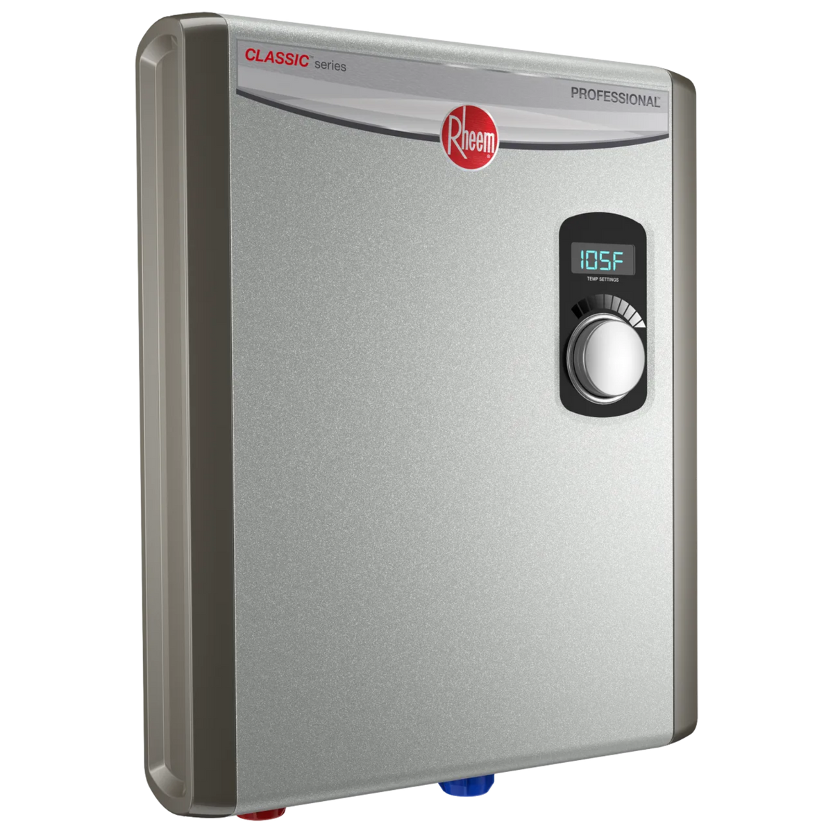 Rheem RTEX-18 Professional Classic tankless electric water heater with a silver finish and digital temperature display