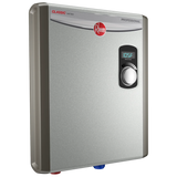Rheem RTEX-18 Professional Classic tankless electric water heater with a silver finish and digital temperature display
