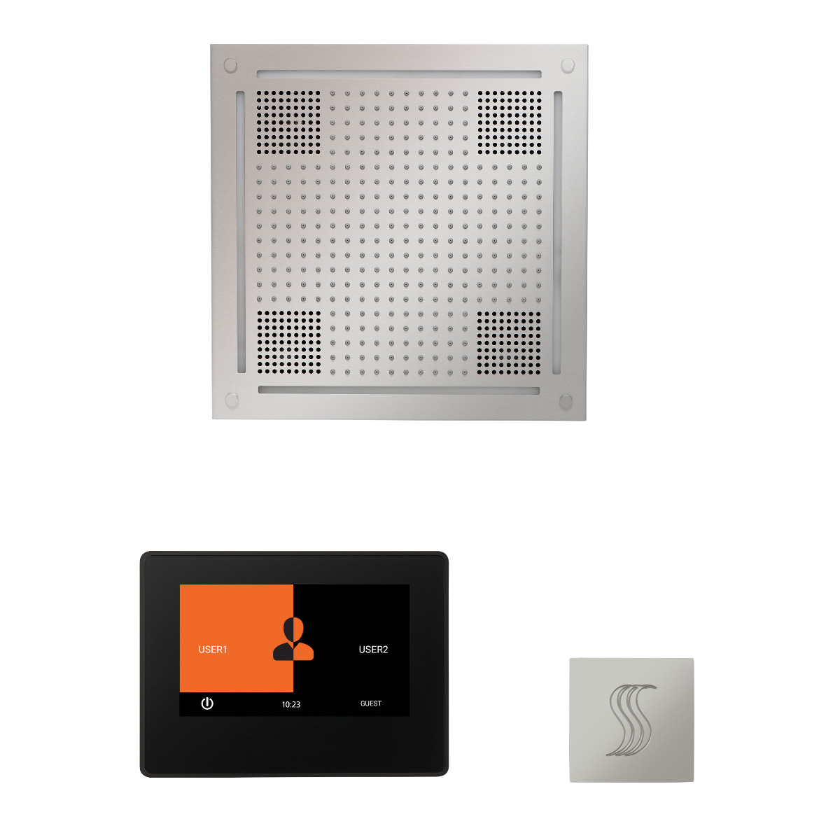 ThermaSol WHSTP7S Wellness Steam Package - HydroVive 18 Rainhead + ThermaTouch2 7" Black Trim Control + SteamVection Square Steam Head ThermaSol