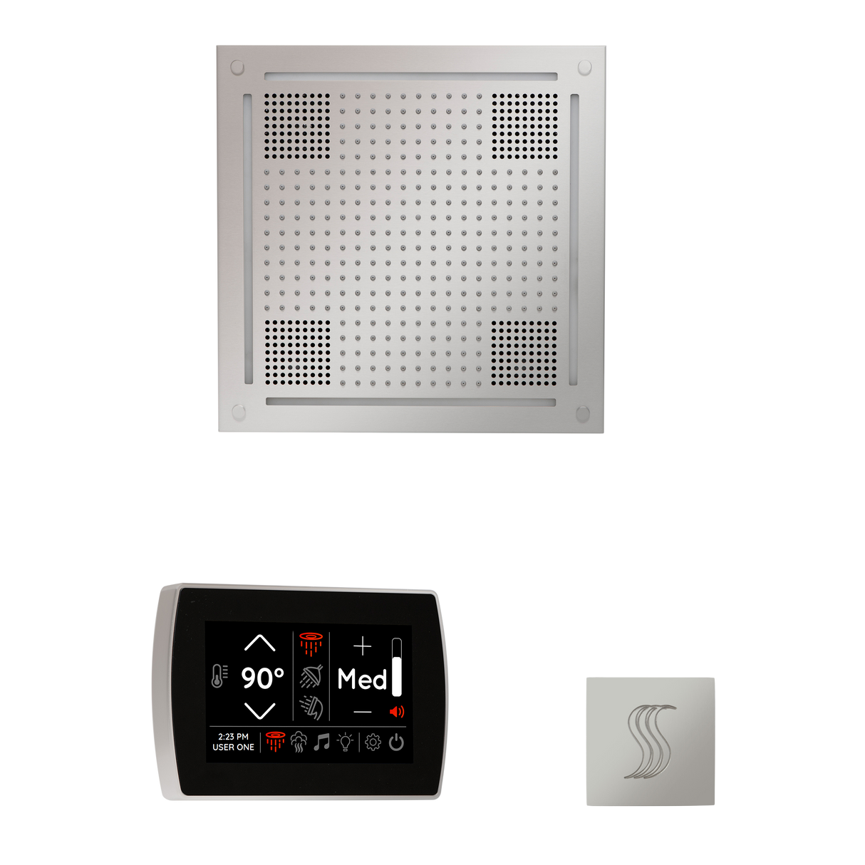 ThermaSol WHSTPSS Wellness Steam Package - HydroVive 18 Rainhead + SignaTouch Recessed Black Trim Control + SteamVection Square Steam Head ThermaSol