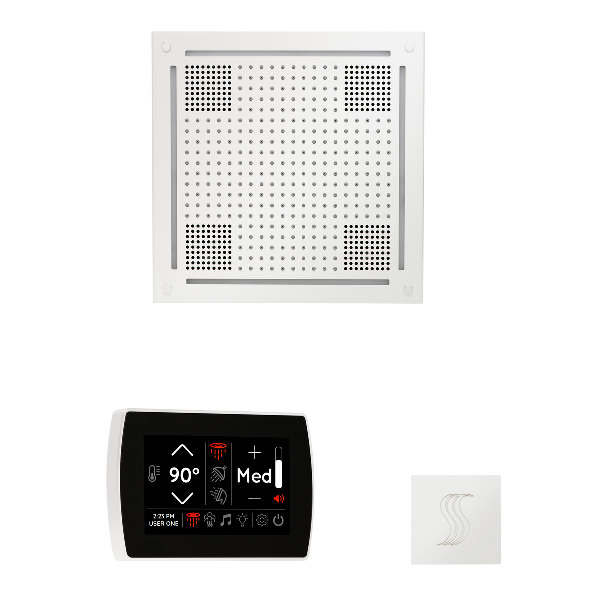 ThermaSol WHSTPSS Wellness Steam Package - HydroVive 18 Rainhead + SignaTouch Recessed Black Trim Control + SteamVection Square Steam Head ThermaSol