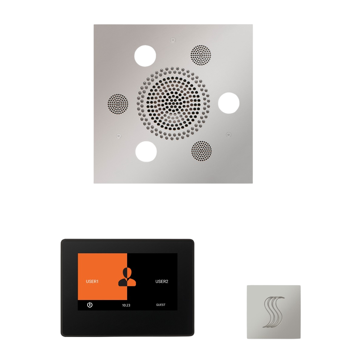 ThermaSol WSTP7S Wellness Steam Package - Serenity Advanced Square Rainhead + ThermaTouch2 7" Black Trim Control + SteamVection Square Steam Head ThermaSol